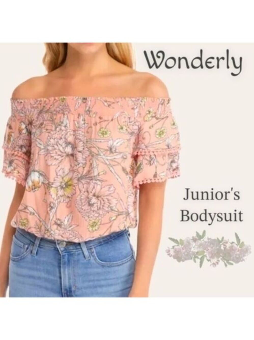 WONDERLY'S Sweet Off-The-Shoulder Junior's Floral Printed Bodysuit